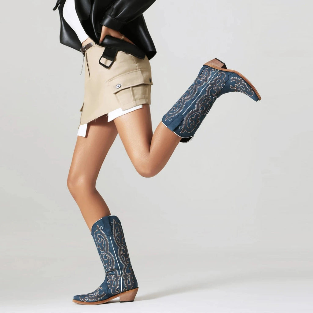 Alyssa – Santiags bleu profond brodée en cuir