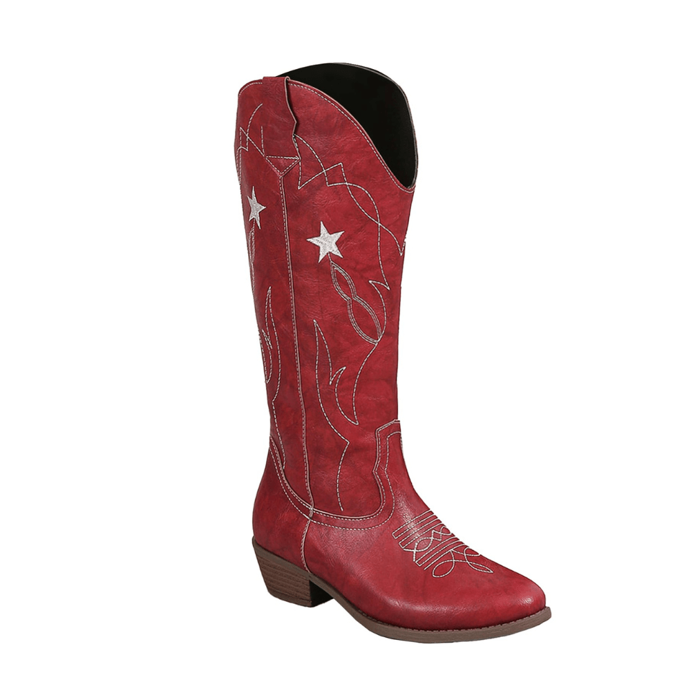 Amandine – Santiags rouges à étoiles brodées en cuir lisse