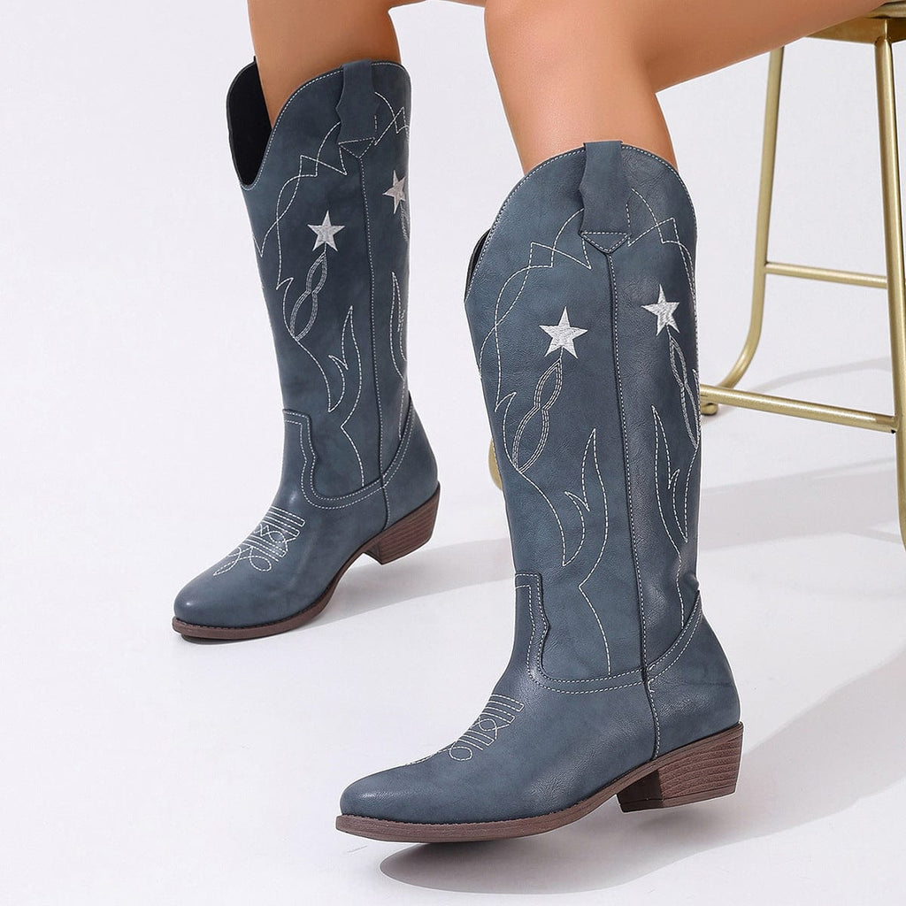 Amandine – Santiags rouges à étoiles brodées en cuir lisse