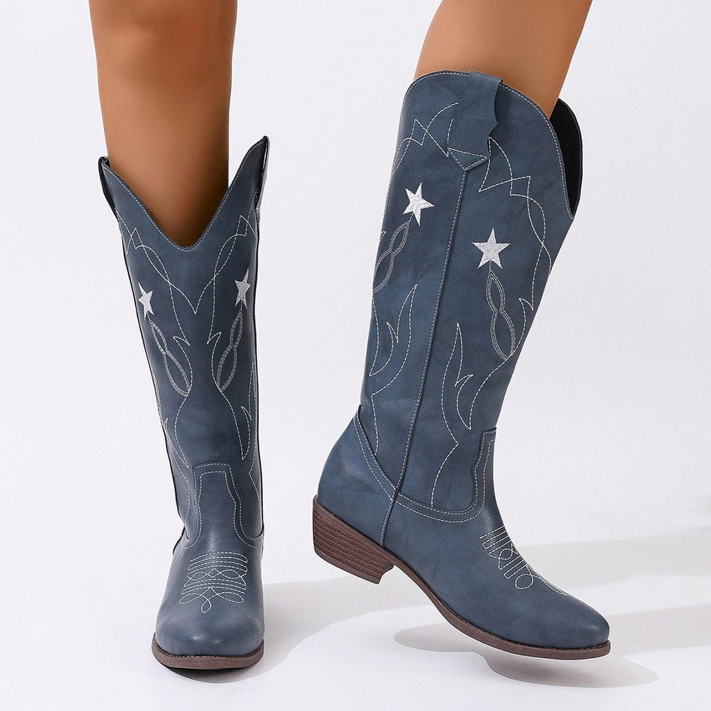 Amandine – Santiags rouges à étoiles brodées en cuir lisse