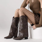 Anaëlle – Santiags hautes sans lacets en cuir lisse, ornées de surpiqûres