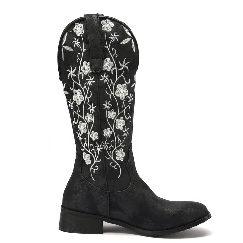 Apolline – Santiags mi-mollet brodées en cuir suédé