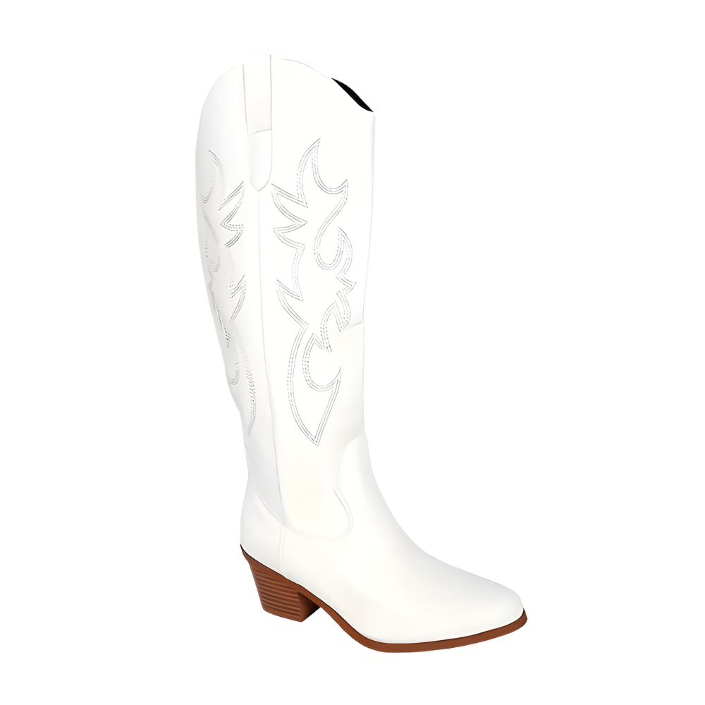 Athéna – Santiags blanches hautes brodées en cuir lisse