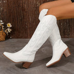 Athéna – Santiags blanches hautes brodées en cuir lisse