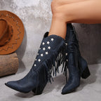 Carlita – Santiags hautes à franges et étoiles brodées en cuir lisse