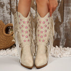 Carlita – Santiags hautes à franges et étoiles brodées en cuir lisse