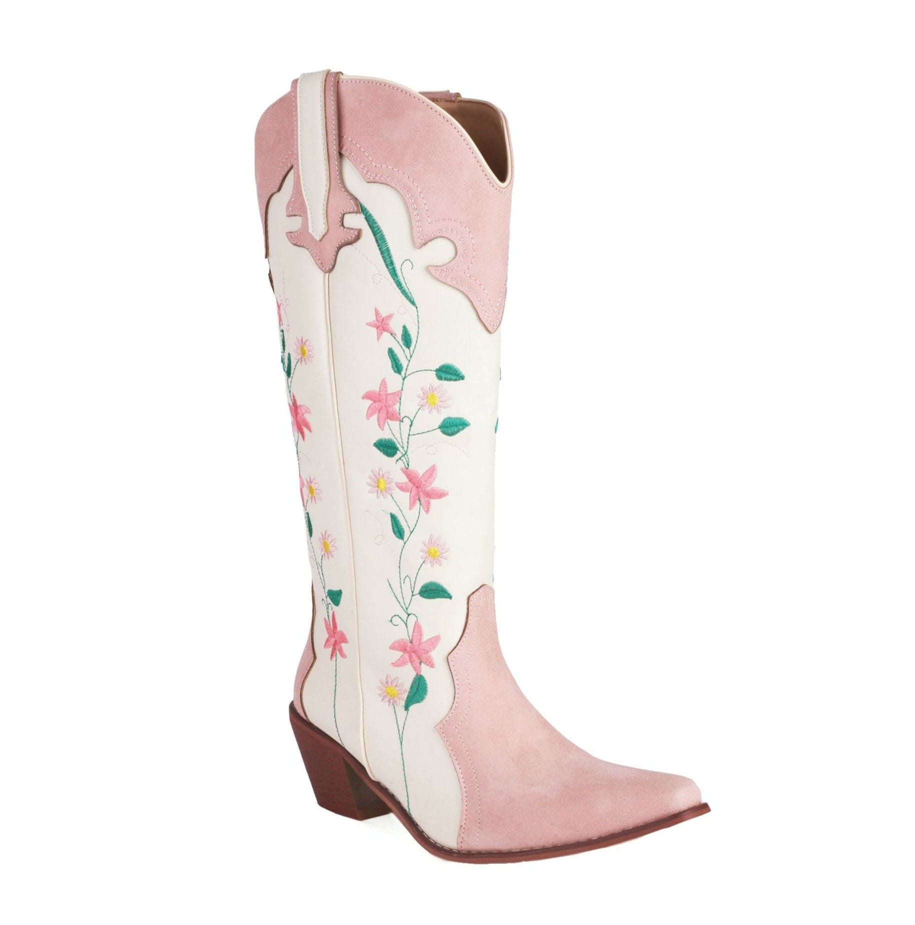 Cléo – Santiags mi-hautes brodées florales roses en cuir lisse