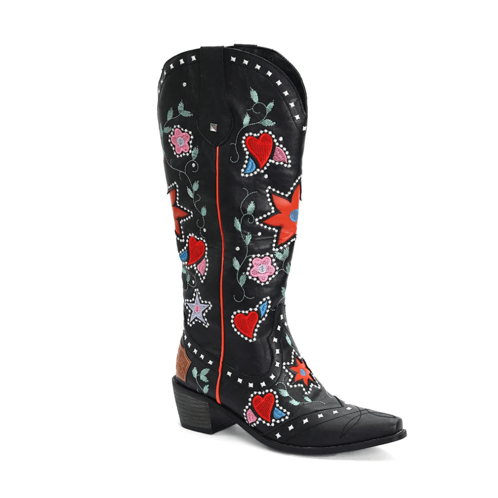 Diane – Santiags hautes brodées à motifs cœurs et étoiles en cuir