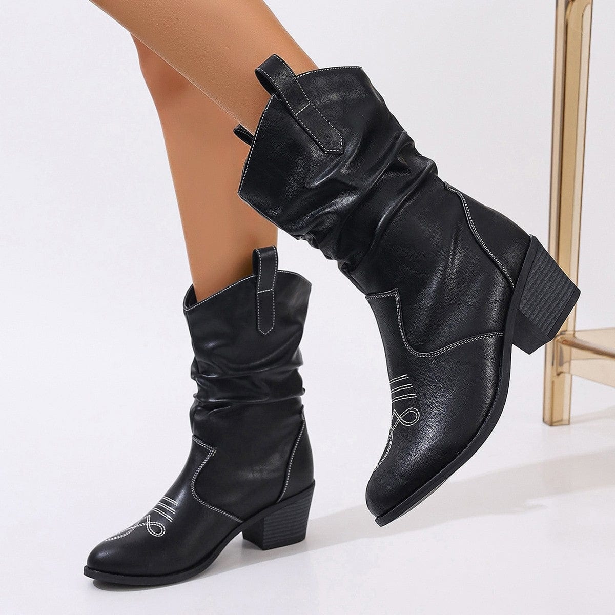 Élina – Santiags à tige plissée en cuir suédé