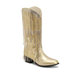 Élise – Santiags mi-mollet à franges longues en cuir doré métallisé