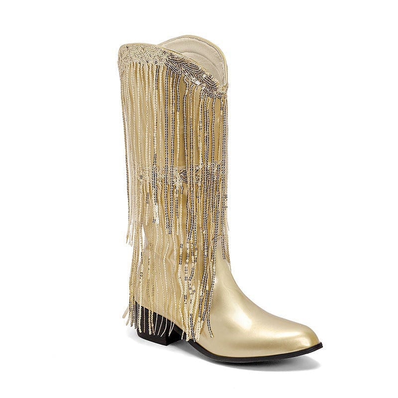 Élise – Santiags mi-mollet à franges longues en cuir doré métallisé