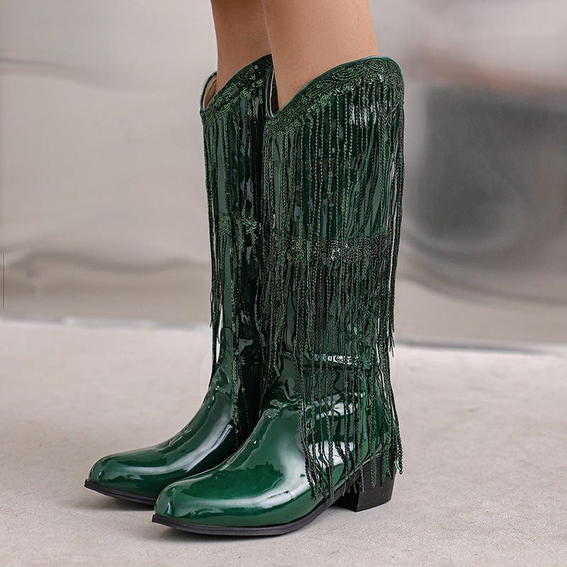 Élise – Santiags mi-mollet à franges longues en cuir doré métallisé