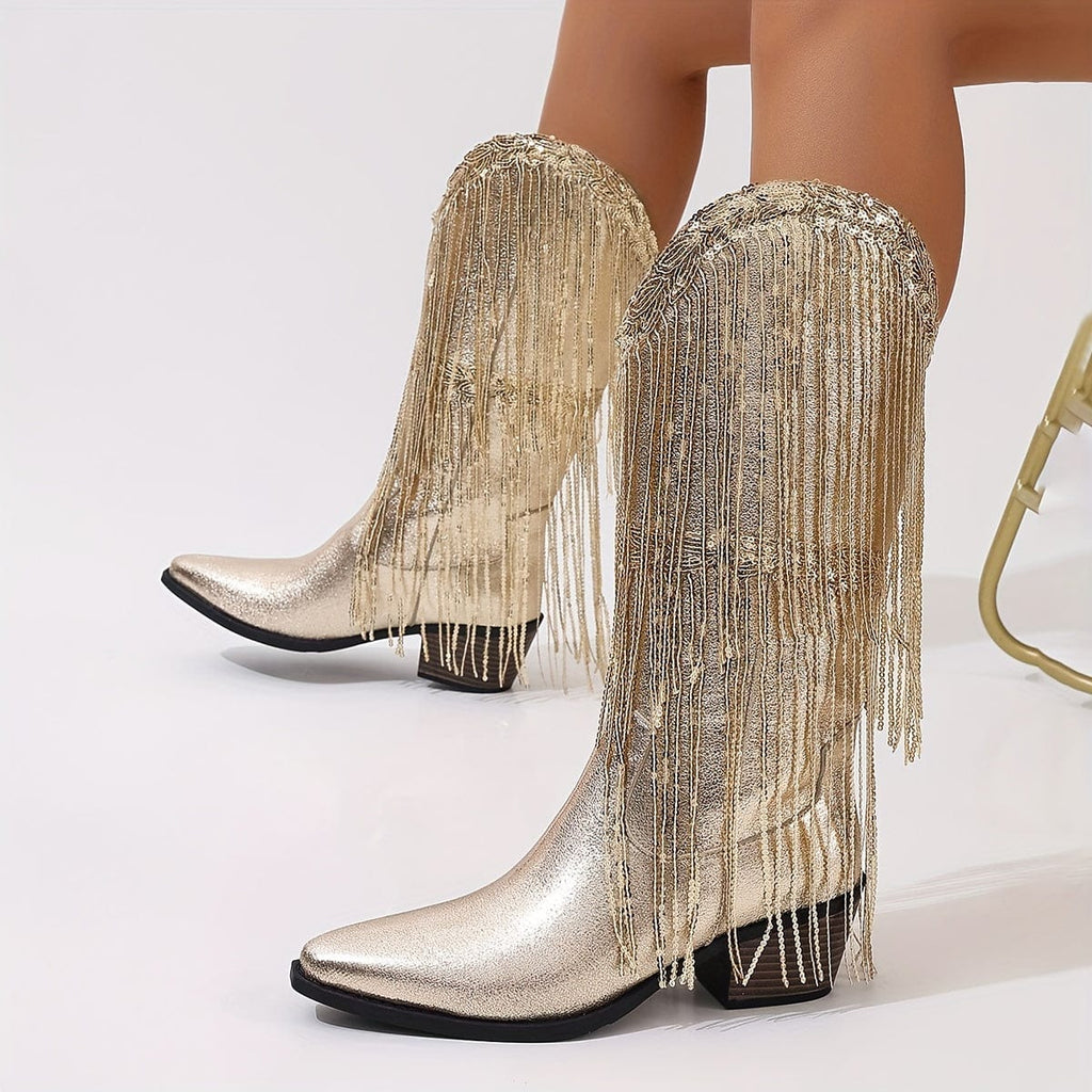 Élise – Santiags mi-mollet à franges longues en cuir doré métallisé