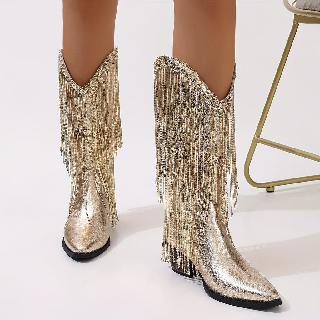 Élise – Santiags mi-mollet à franges longues en cuir doré métallisé