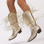 Élise – Santiags mi-mollet à franges longues en cuir doré métallisé