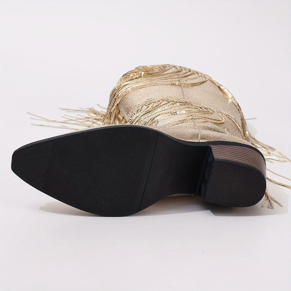 Élise – Santiags mi-mollet à franges longues en cuir doré métallisé