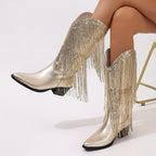 Élise – Santiags mi-mollet à franges longues en cuir doré métallisé