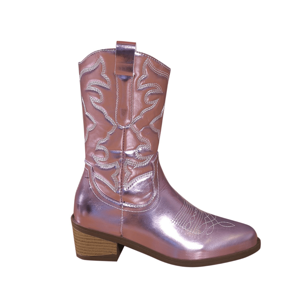 Ilona – Santiags métalliques roses mi-mollet au reflet irisé