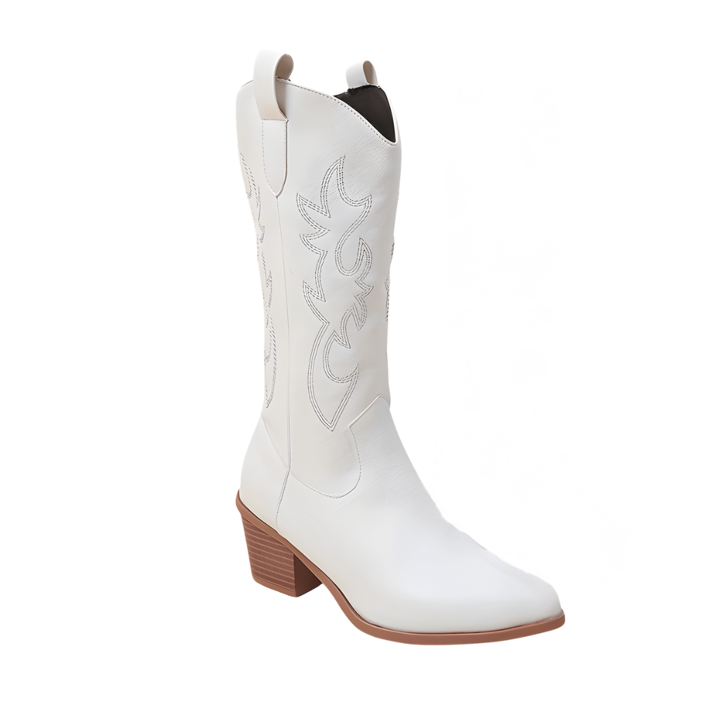 Iris – Santiags hautes blanches brodées en cuir lisse