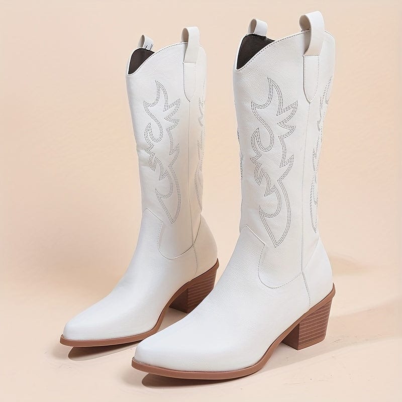 Iris – Santiags hautes blanches brodées en cuir lisse