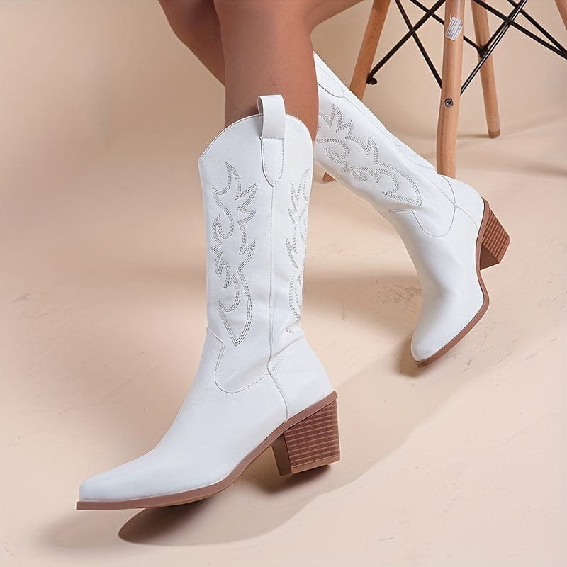 Iris – Santiags hautes blanches brodées en cuir lisse