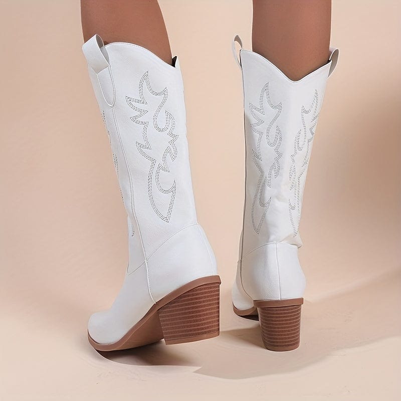 Iris – Santiags hautes blanches brodées en cuir lisse