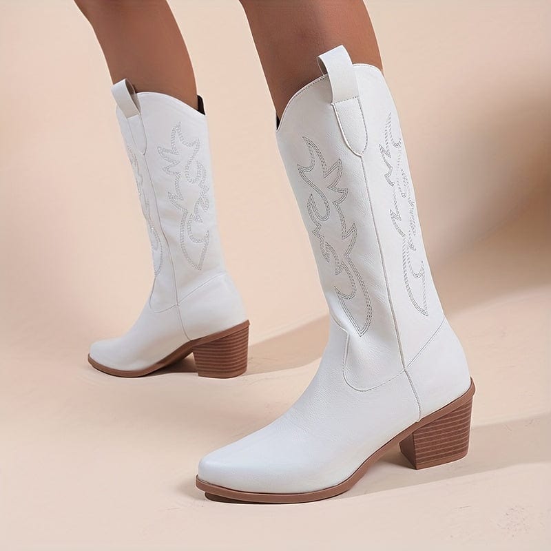 Iris – Santiags hautes blanches brodées en cuir lisse