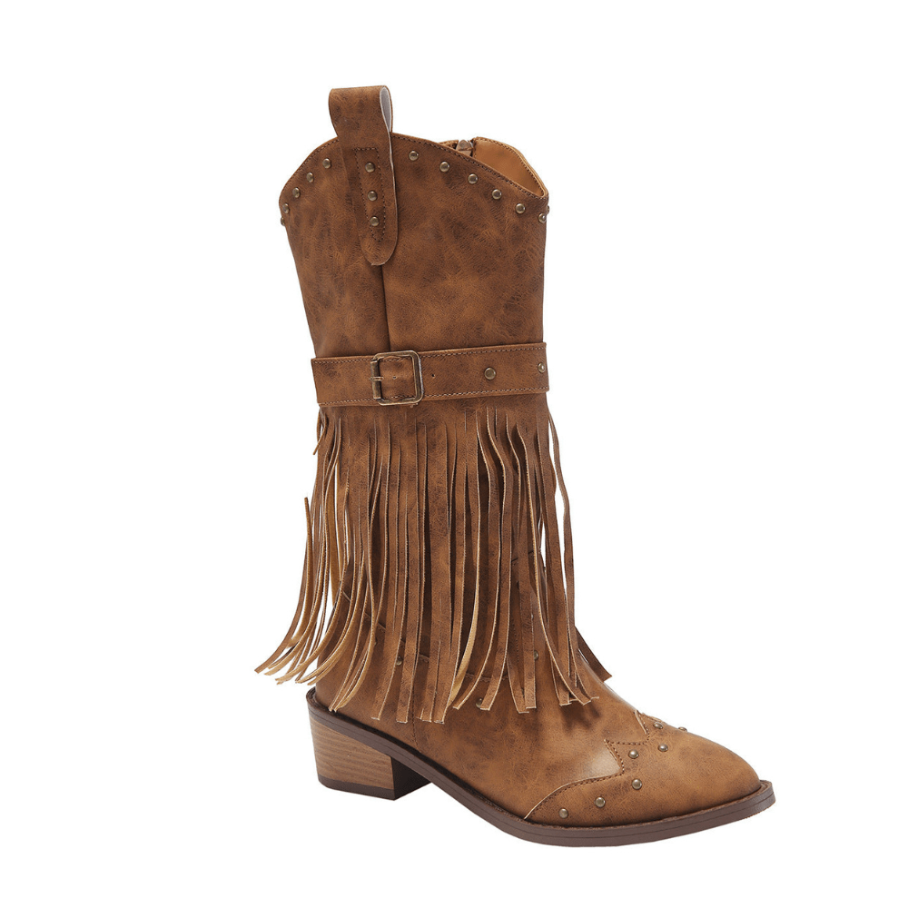 Jasmine – Santiags mi-hautes à franges et clous dorés en cuir