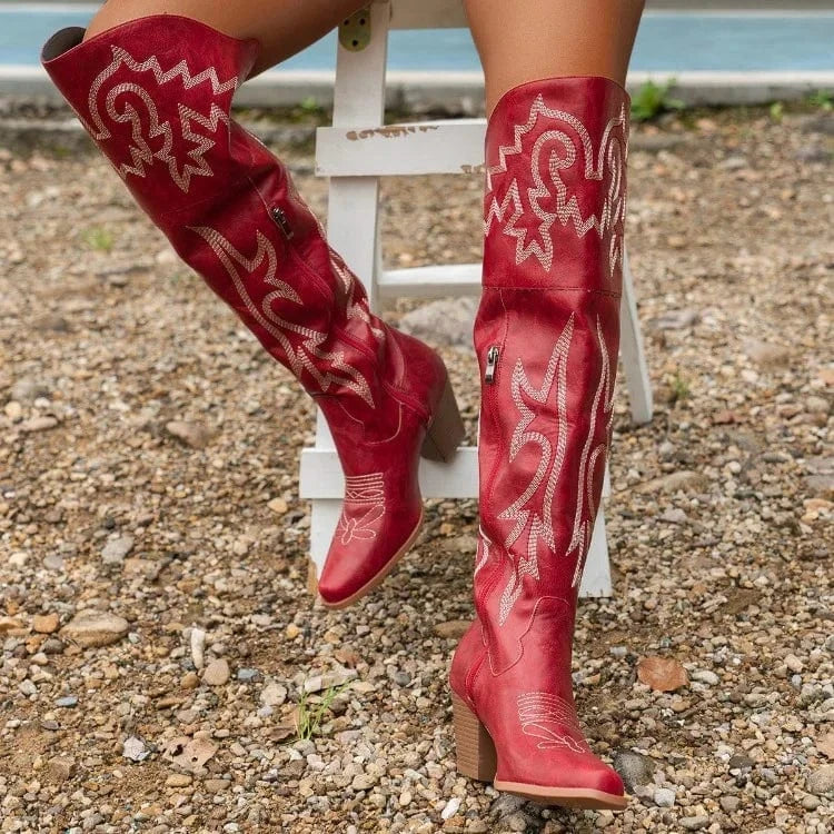 Léonie – Santiags hautes en cuir lisse ornées de broderies