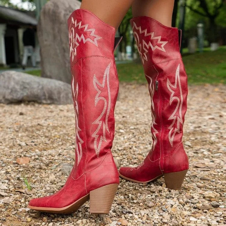 Léonie – Santiags hautes en cuir lisse ornées de broderies