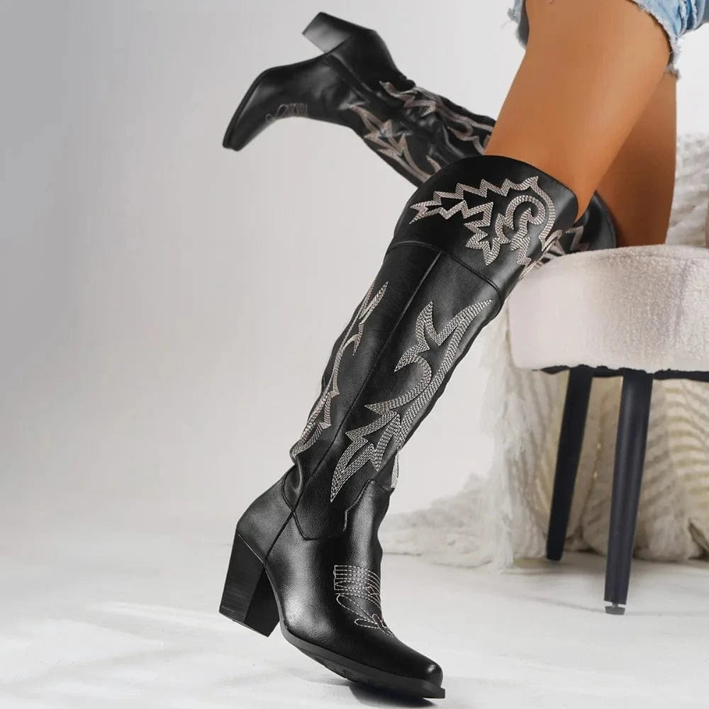 Léonie – Santiags hautes en cuir lisse ornées de broderies