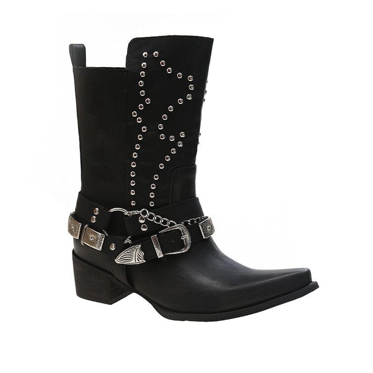 Lila – Santiags noires à boucles métalliques et clous argentés en cuir