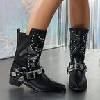 Lila – Santiags noires à boucles métalliques et clous argentés en cuir