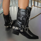 Lila – Santiags noires à boucles métalliques et clous argentés en cuir