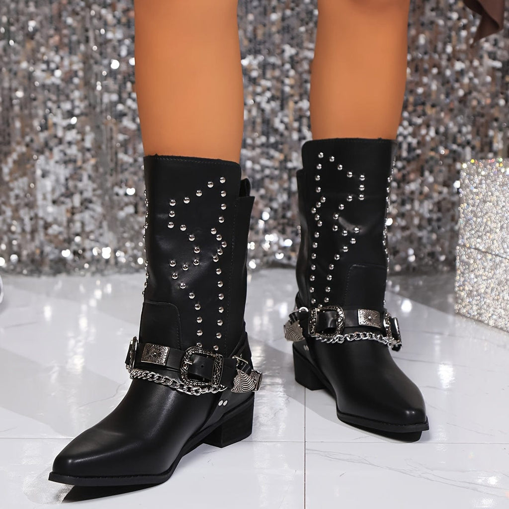 Lila – Santiags noires à boucles métalliques et clous argentés en cuir