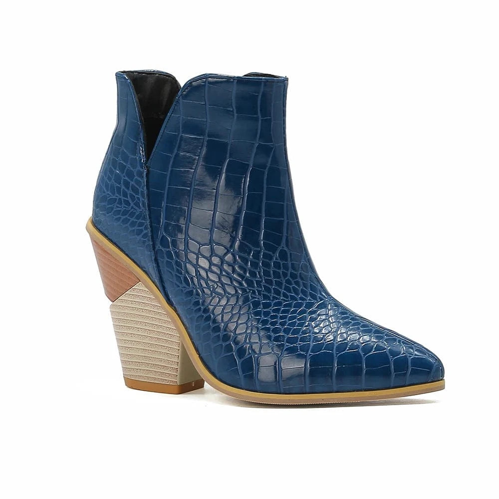 Louna – Bottines bleu effet croco, cuir verni souple