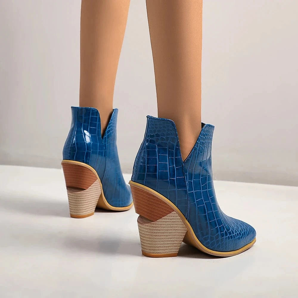 Louna – Bottines bleu effet croco, cuir verni souple