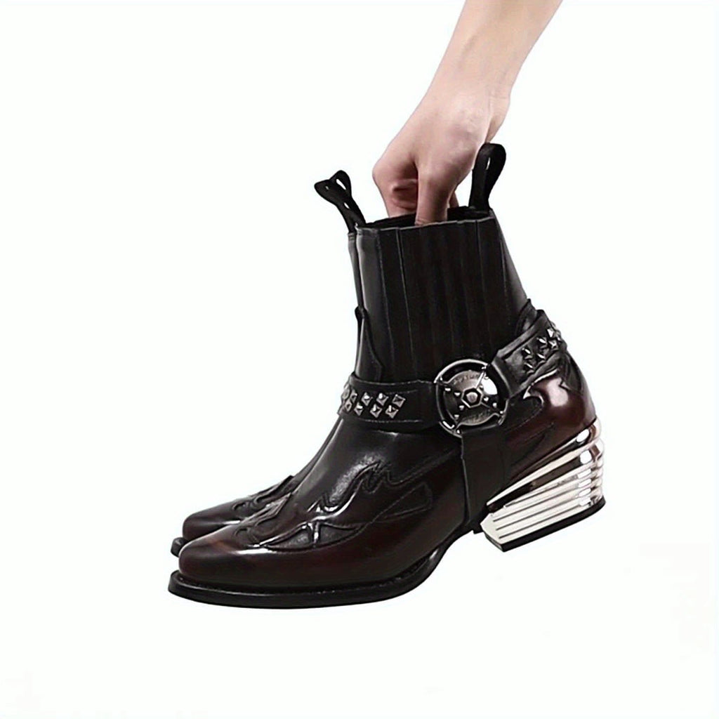 Maëlle – Santiags basses à flamme brodée en cuir, boucle argentée