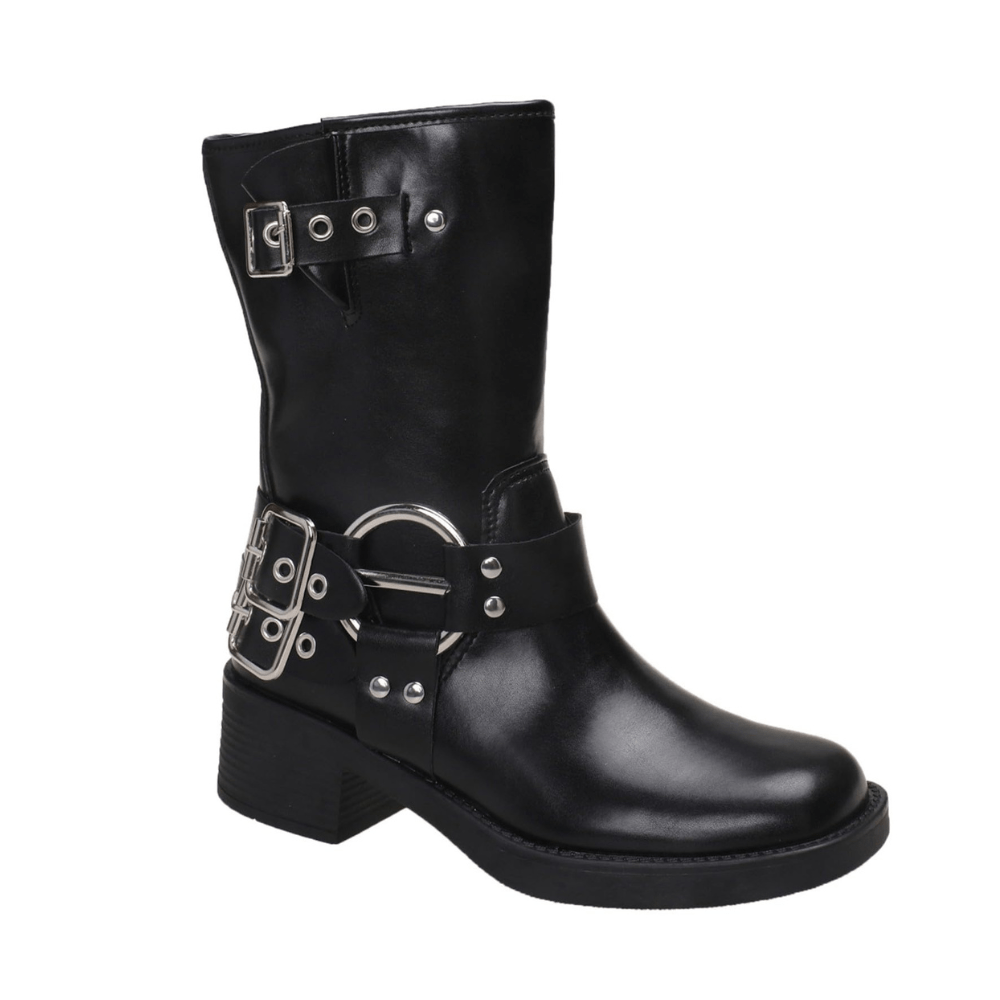 Maëlys – Bottines noires à boucles argentées en cuir lisse