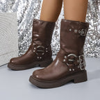 Maëlys – Bottines noires à boucles argentées en cuir lisse