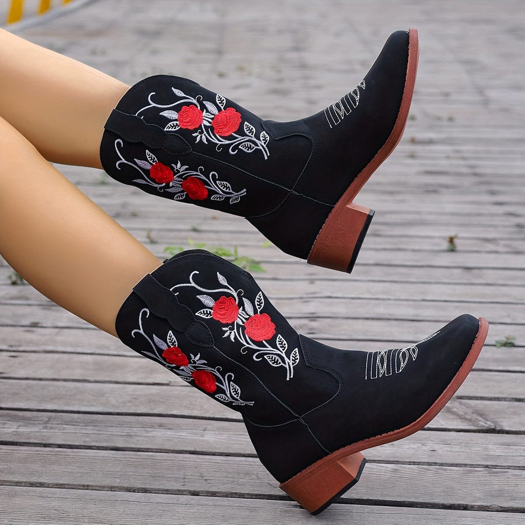 Malia – Santiags brodées de roses rouges en cuir suédé