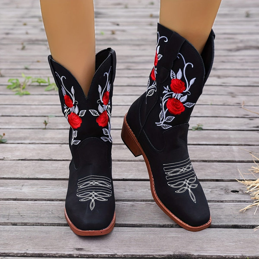 Malia – Santiags brodées de roses rouges en cuir suédé