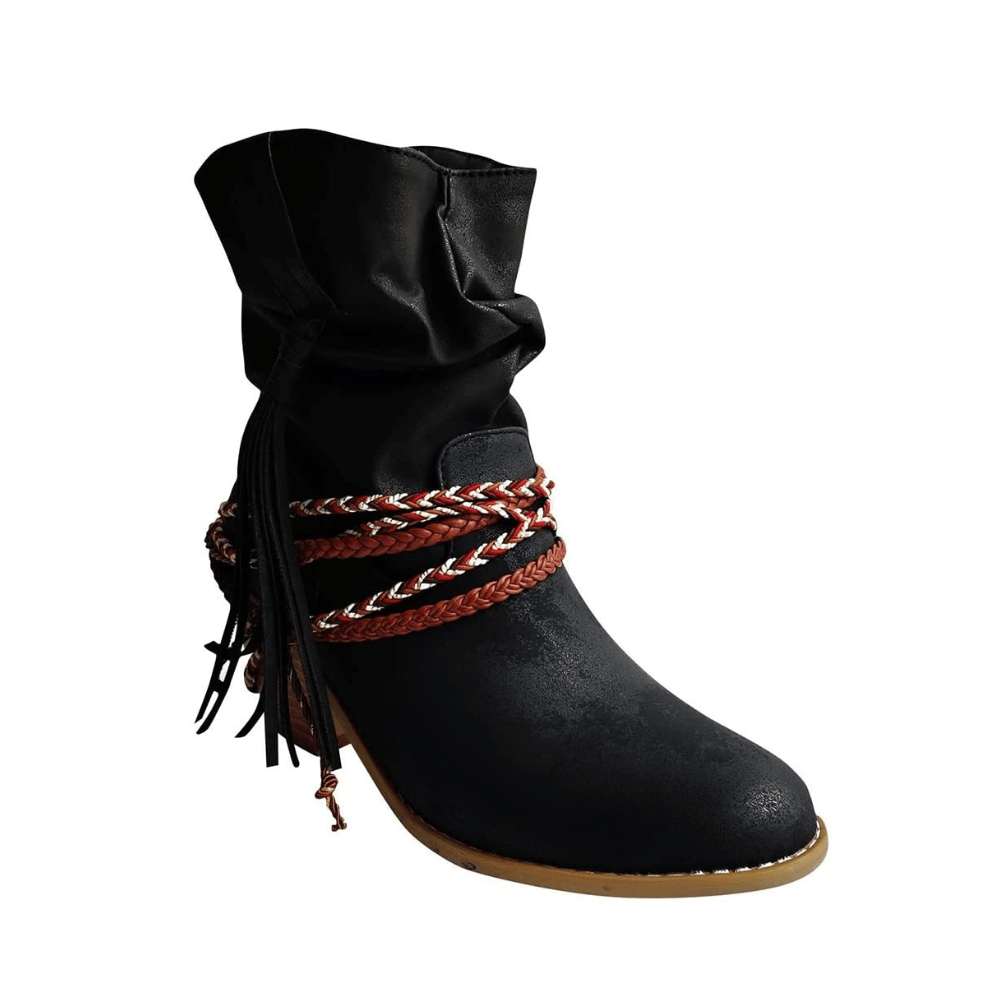 Manon – Bottines western brunes à sangles tressées et pampilles en cuir