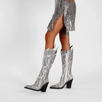 Marilène – Cuissardes à talons hauts ornées de strass flamme