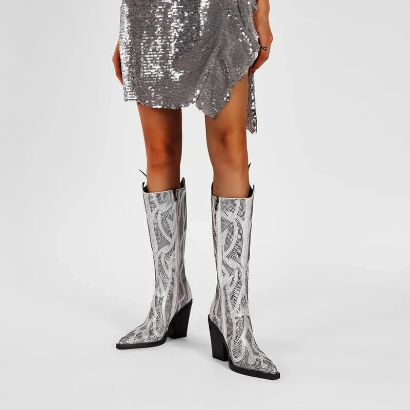 Marilène – Cuissardes à talons hauts ornées de strass flamme