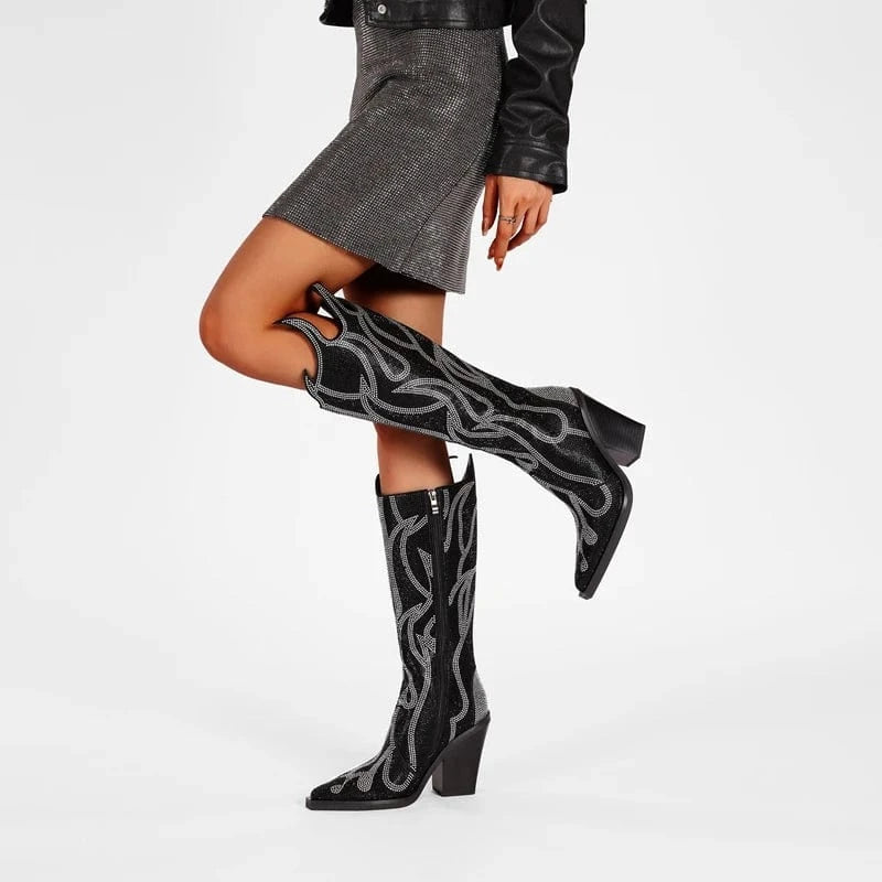 Marilène – Cuissardes à talons hauts ornées de strass flamme