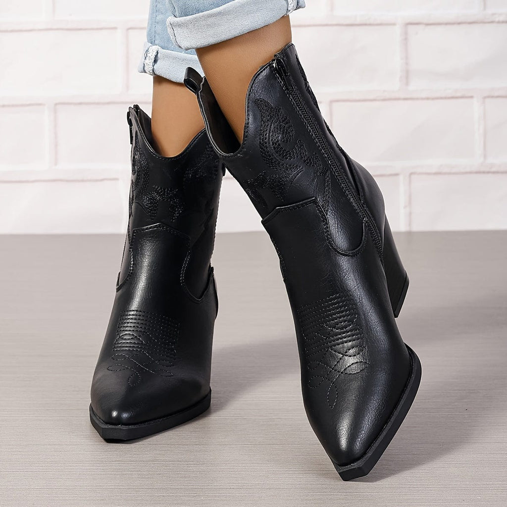 Mila – Santiags à broderies florales en cuir lisse