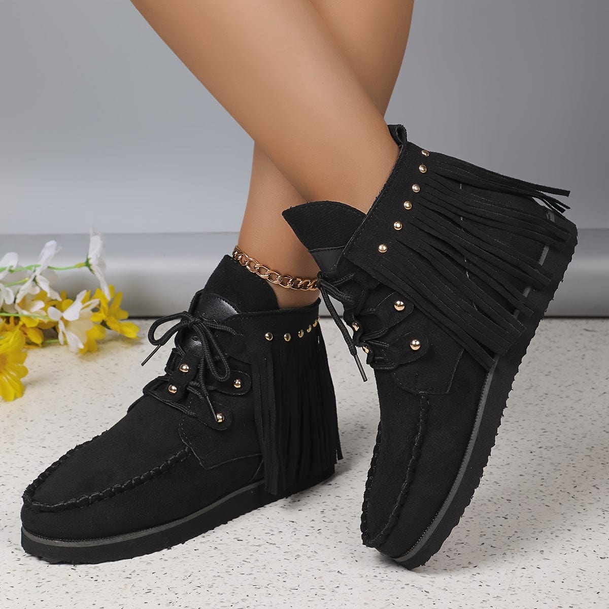 Nina – Bottines à franges détail clouté décontracté