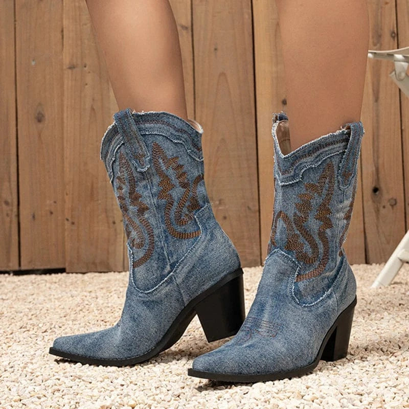 Noa – Santiags courtes brodées en denim