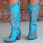 Noémie – Santiags mi-mollet brodées en cuir lisse